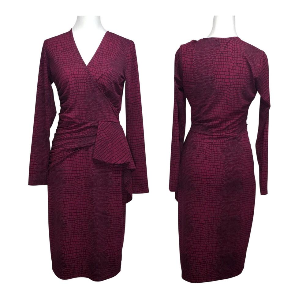Leota Dark Purple Snakeskin Midi Dress S Ruched Ruffled Bodycon Corporate Chic